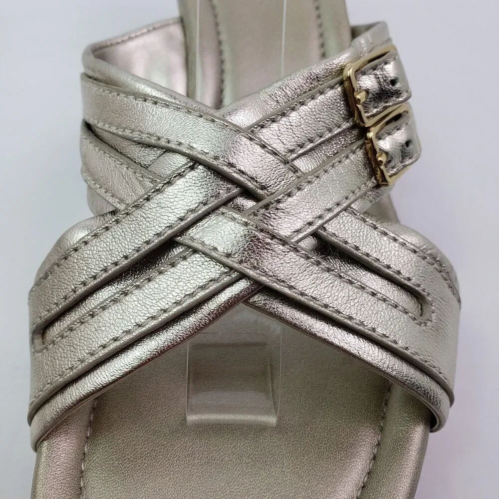 Cole Haan Womens Size 11 Gold Slip On 3 In Cork Wedge Platform Sandals